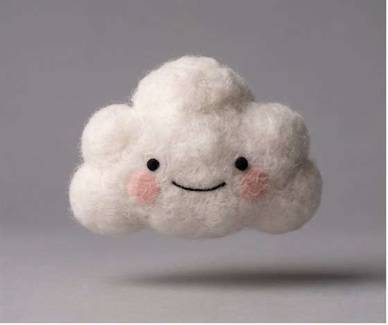 Cloud, a white fluffy felted cloud with a smiling face